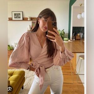 Posse Hensley Puff-Sleeve Linen Wrap Top, Size S